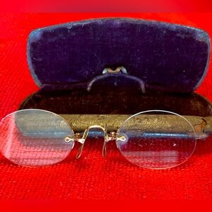 Antique pince-nez rimless, armless glasses in original case